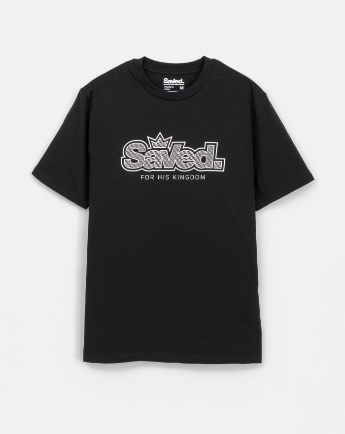 koszulka chrześcijańska męska Saved. Czarny t-shirt z białym nadrukiem logo Saved, for his Kingdom