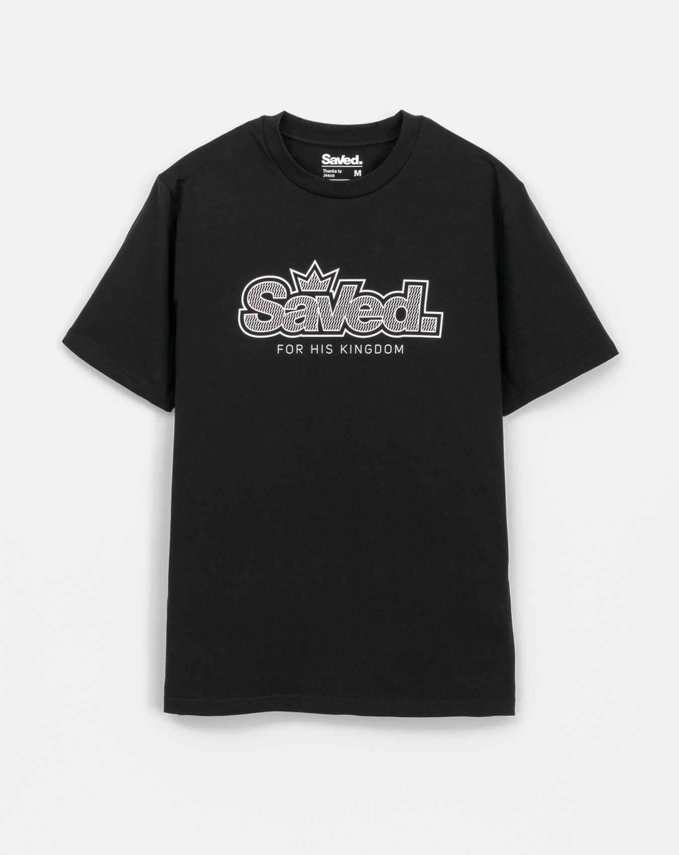 koszulka chrześcijańska męska Saved. Czarny t-shirt z białym nadrukiem logo Saved, for his Kingdom