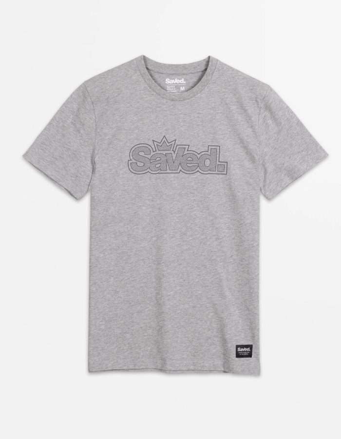 koszulka dla wierzących z motywem Saved z przodu. kolor szary melanż, świetna jakość