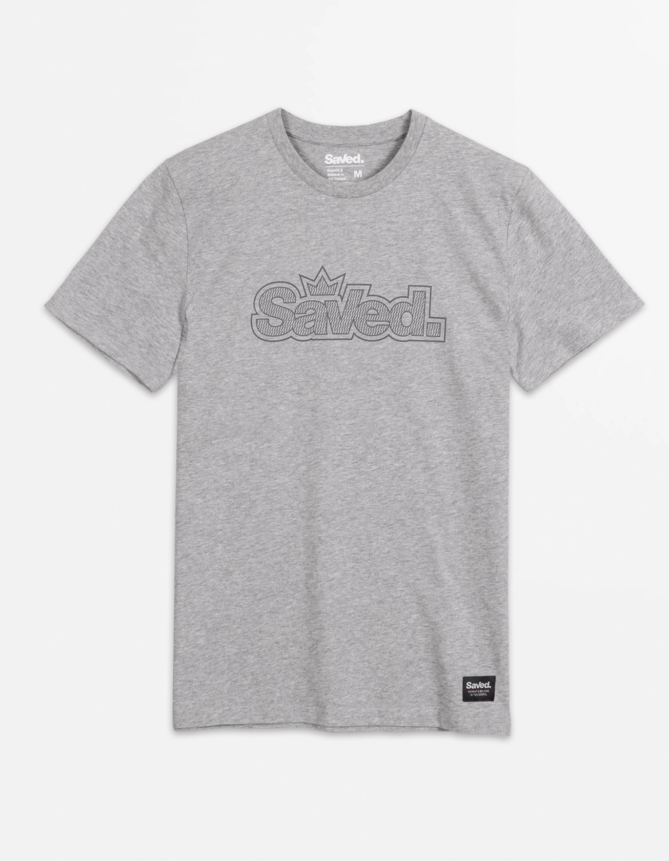 koszulka dla wierzących z motywem Saved z przodu. kolor szary melanż, świetna jakość