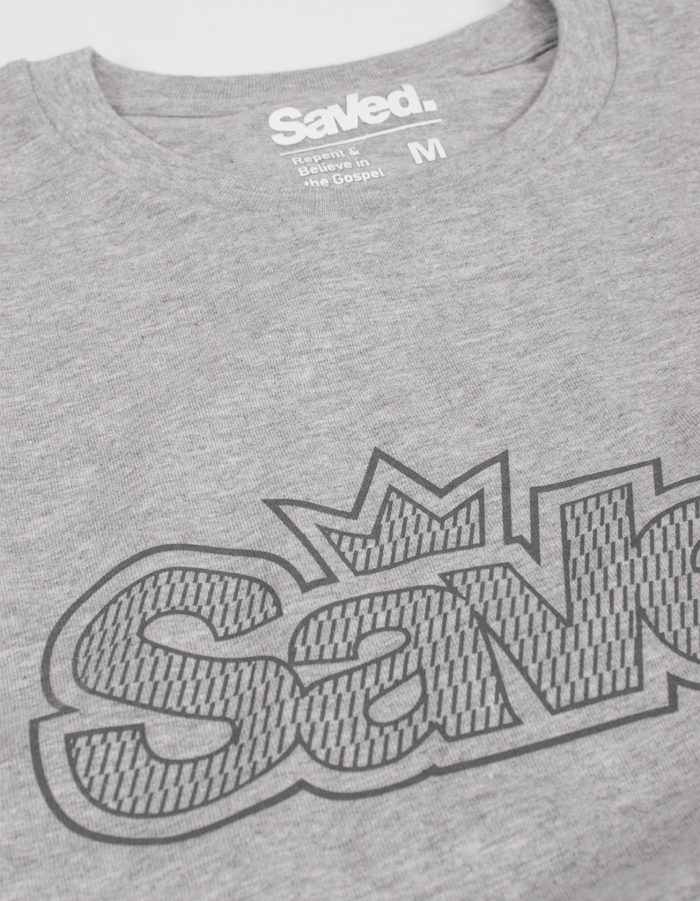 koszulka chrześcijańska Saved kolor heather grey z nadrukiem logo Saved z przodu