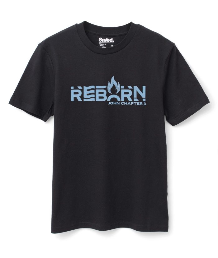 t-shirt chrześcijański z nadrukiem reborn w kolorze błękitnym.