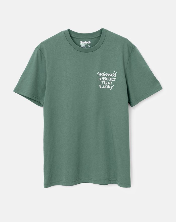 Chrześcijański motyw na zielonej bawełnianej koszulce, Blessed is Better than lucky.