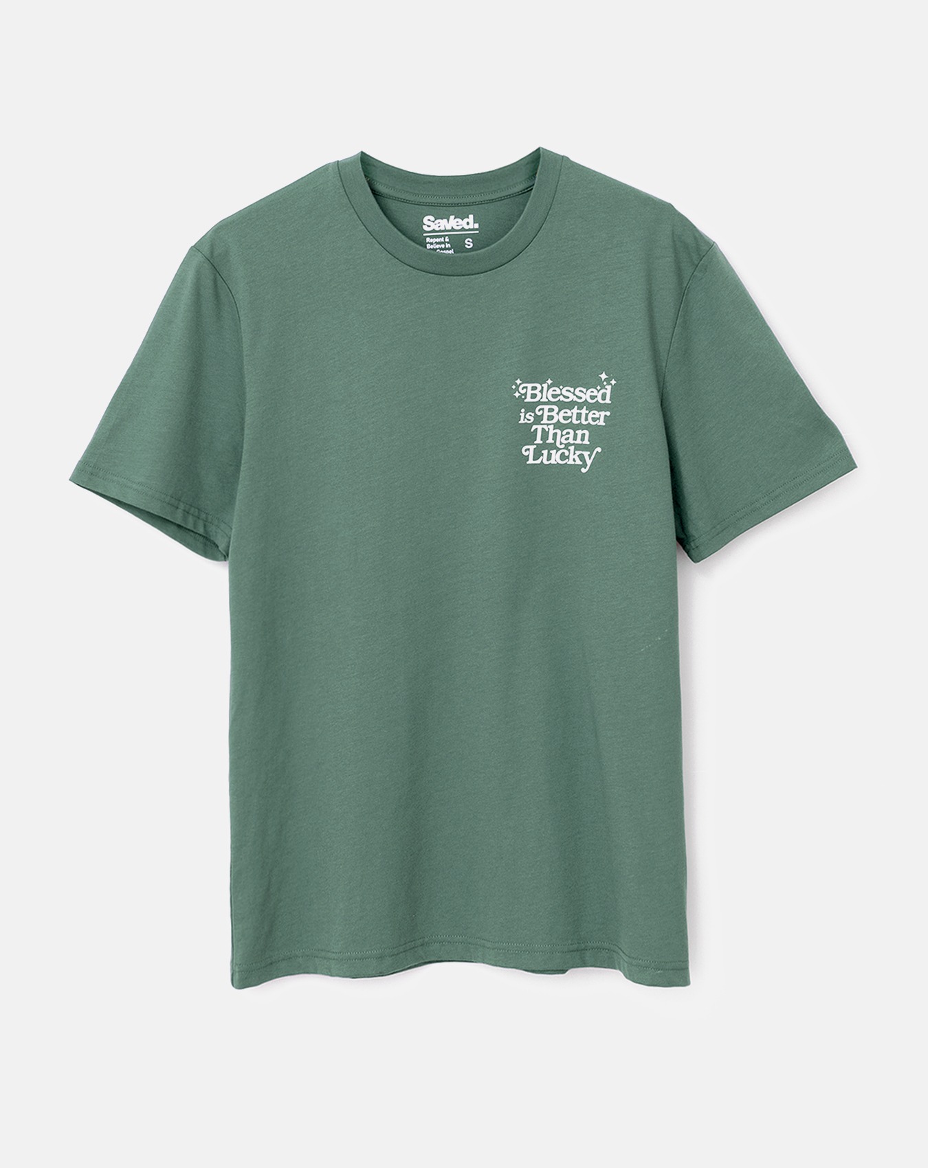 Chrześcijański motyw na zielonej bawełnianej koszulce, Blessed is Better than lucky.