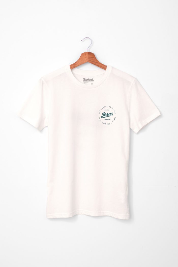 Koszulka chrześcijańska marki Saved z nadrukiem Jesus Saved Me. t-shirt bawełna organiczna w kolorze ecru, vintage white
