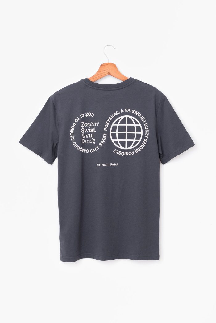Koszulka chrześcijańska Zostaw Świat. Ratuj Duszę. Ew.Mateusza 16:27 koszulka bawełniana kolor grafitowy marki Saved