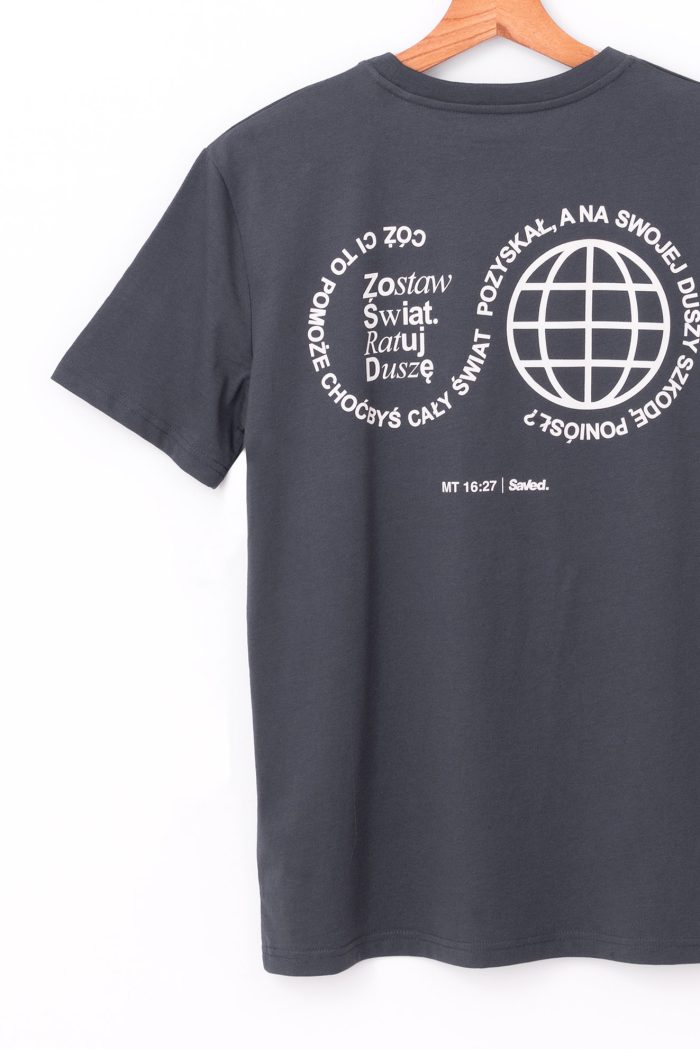 odzież chrześcijańska cytaty z Biblii. T-shirt marki Saved kolor grafit bawełna organiczna