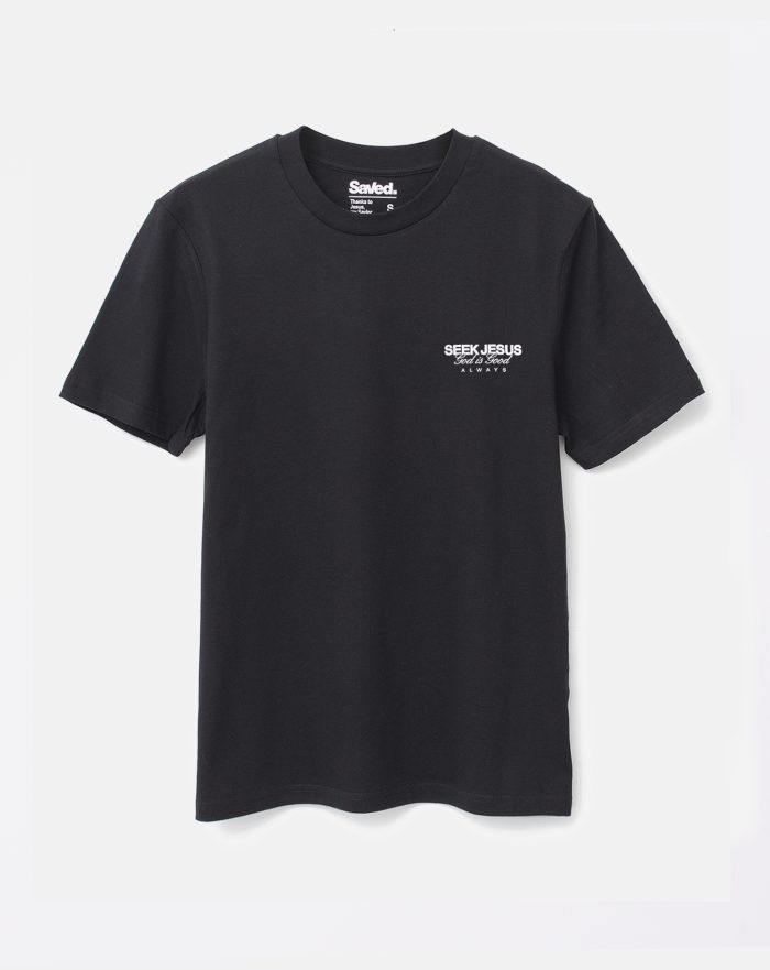 Koszulki chrześcijańskie z nadrukiem "Seek Jesus God is Good" kolor czarny