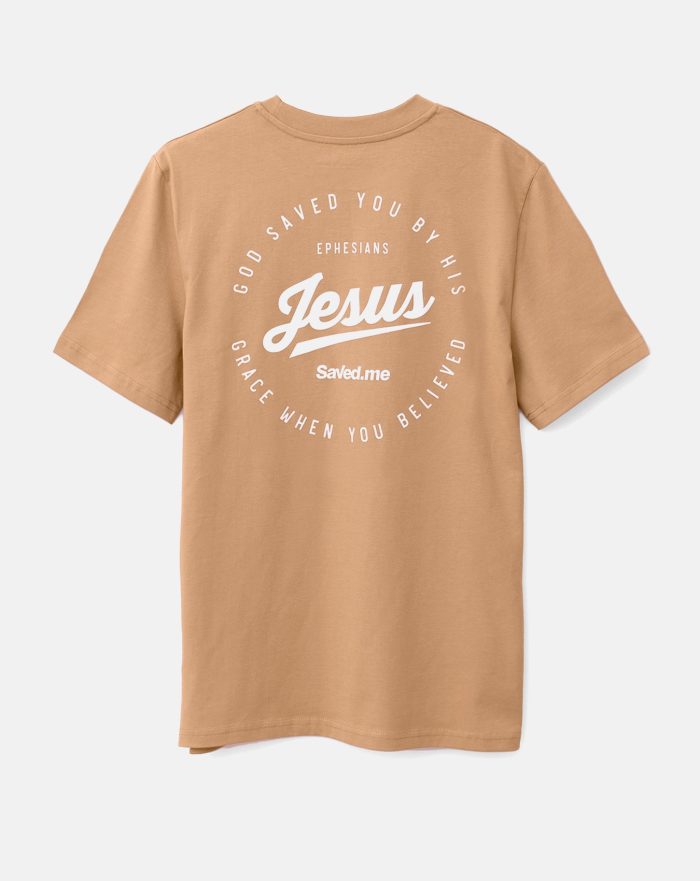 chrześcijańska koszulka męska z nadrukiem Jesus Saved Me kolor beżowy . Bawełna organiczna rewelacyjna jakość. T-shirt christian