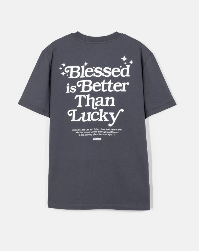 Chrześcijański T-shirt Blessed is Better than Lucky kolor grafitowy
