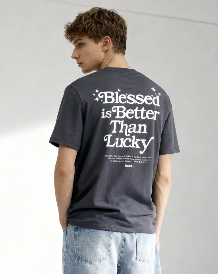 Koszulka chrześcijańska Blessed is Better Than Lucky marki Saved.
