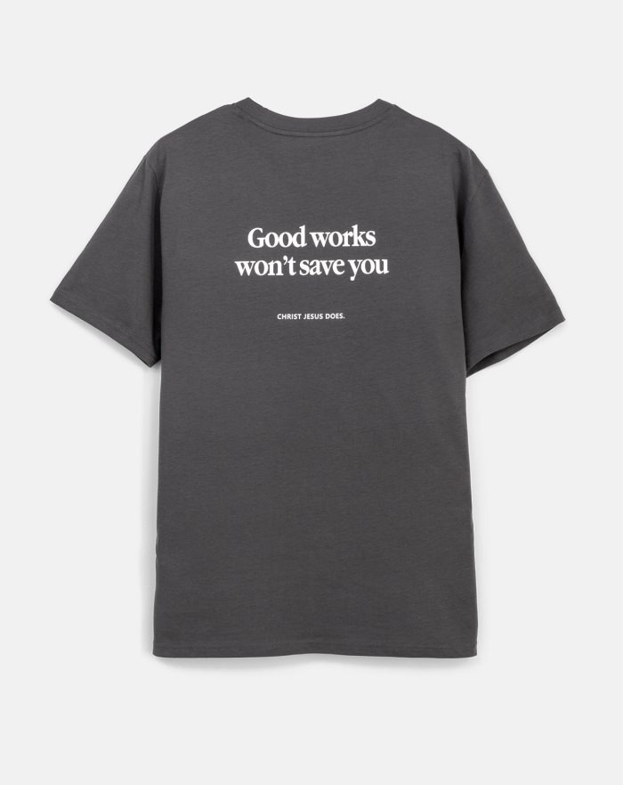 koszulka chrześcijańska Saved kolor collegiate green z chrześcijańskiem nadrukiem Good Works won't save you.