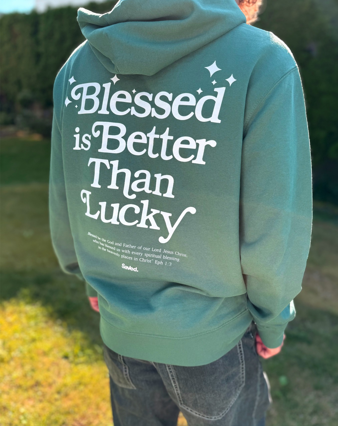Bluza chrześcijańska Blessed is Better Than Lucky Saved bawełna organiczna