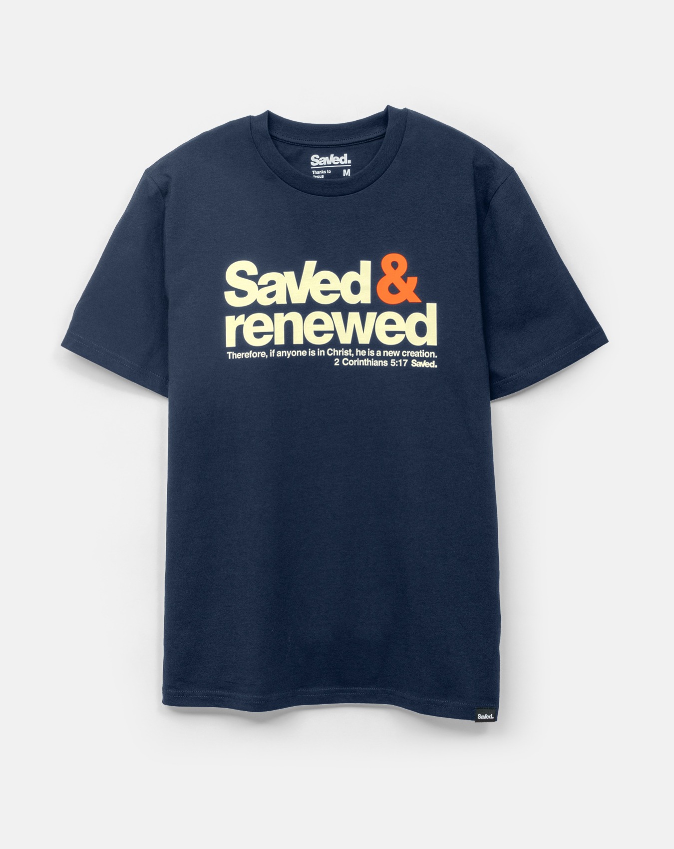 koszulka chrześcijańska kolor granatowy z nadrukiem z przodu Saved & renewed