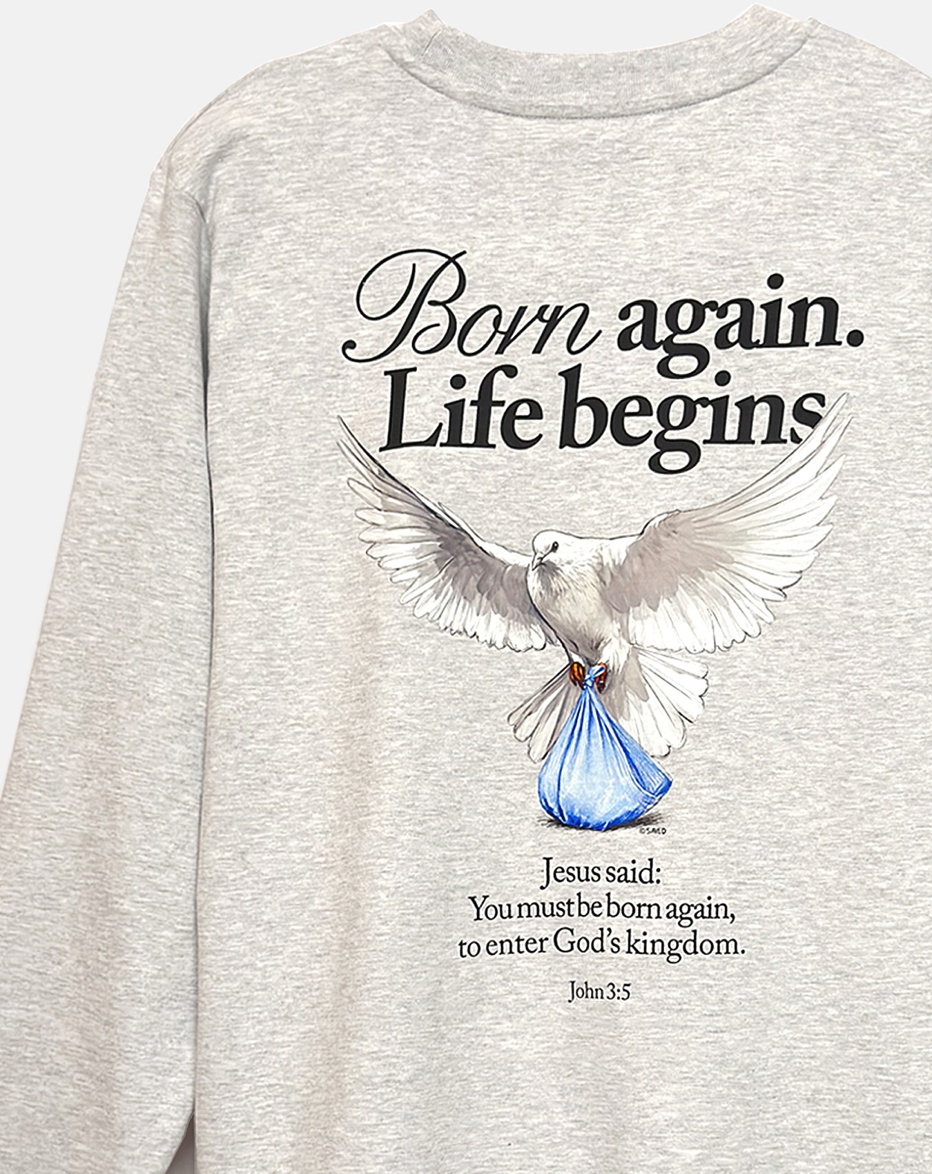 Chrześcijański Longsleeve Born again. Life bigins. Koszulka marki Saved z nadrukiem gołąb